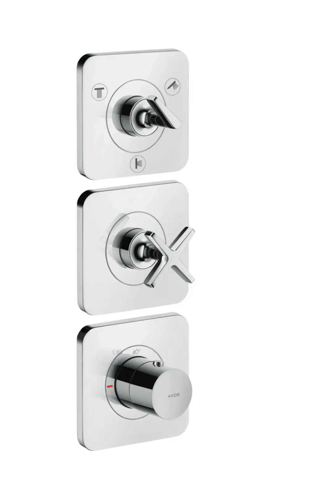 Thermostatmodul mit drei Drehknöpfen und Rosetten in Edelstahloptik, montiert für die Steuerung von Wasserverbrauchern, Marke AXOR.